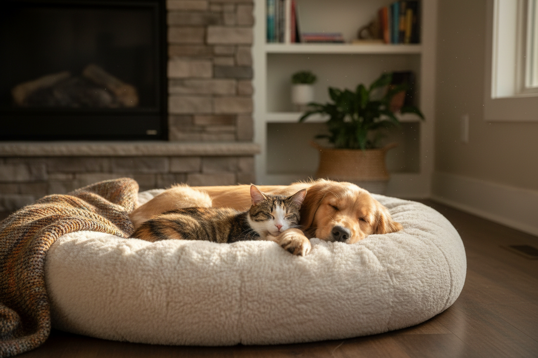 create an image of an adorable cat and dog laying on a pet bed. slider_item_UmFVyY