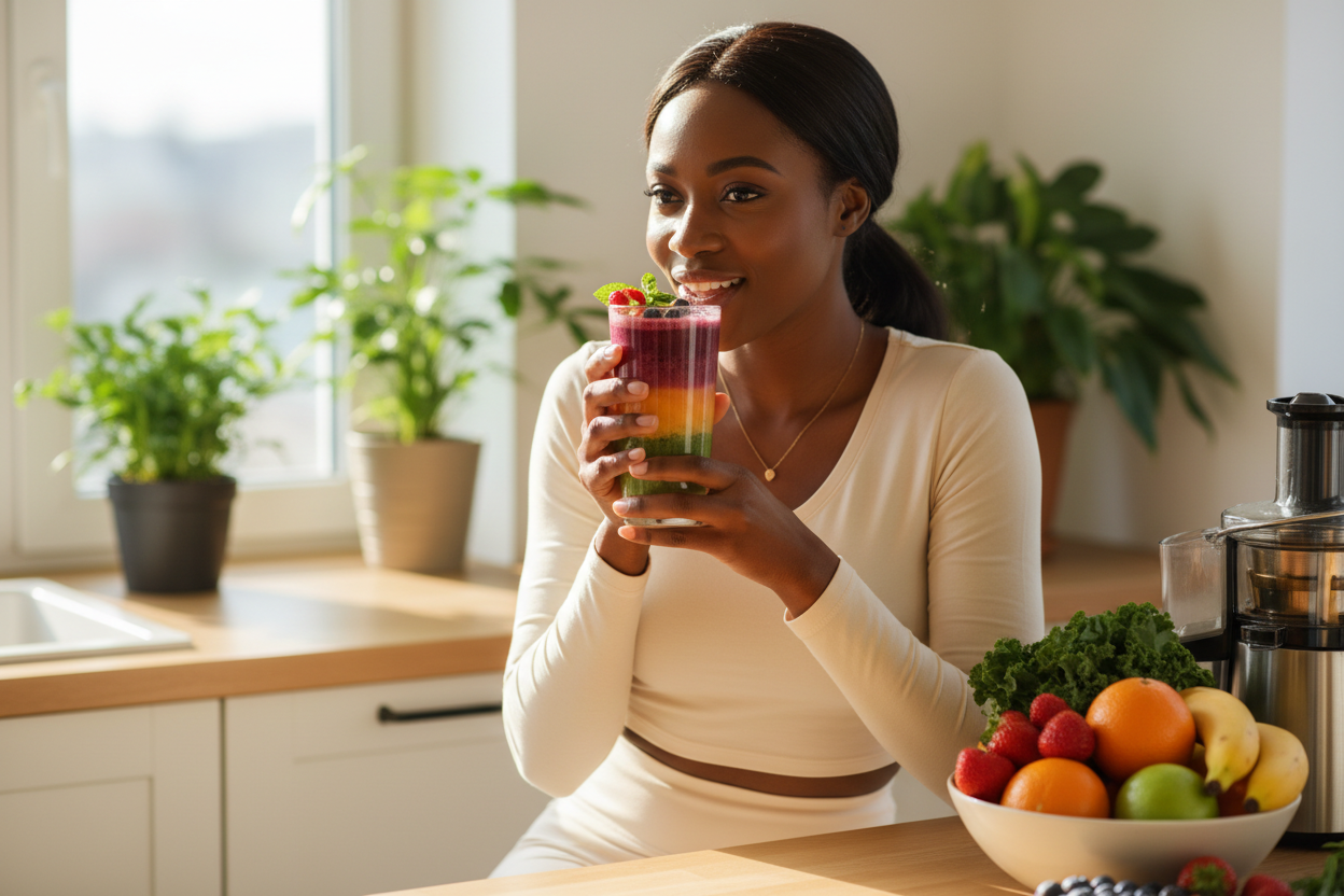 Healthy black woman drinking fruit and veggie juiceslider_item_UmFVyY